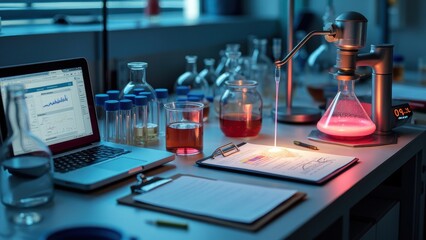 Modern laboratory setup with high-tech instruments, colorful chemical solutions, and a laptop displaying experimental data, showcasing a professional and organized research space.