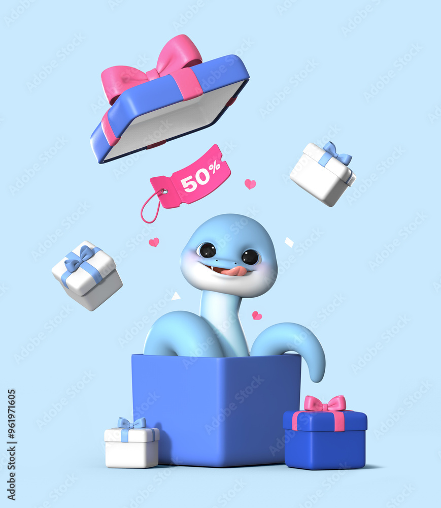 Fototapete 3d 렌더링 된 선물상자 뚜껑이 열리면서 을사년 푸름뱀의 캐릭터가 몸의 부드러운 곡선을 그리며 상자 밖으로 나와 호기심의 표정을 지으며 주위를 탐색하고 있습니다. 푸른뱀은 새로운 
