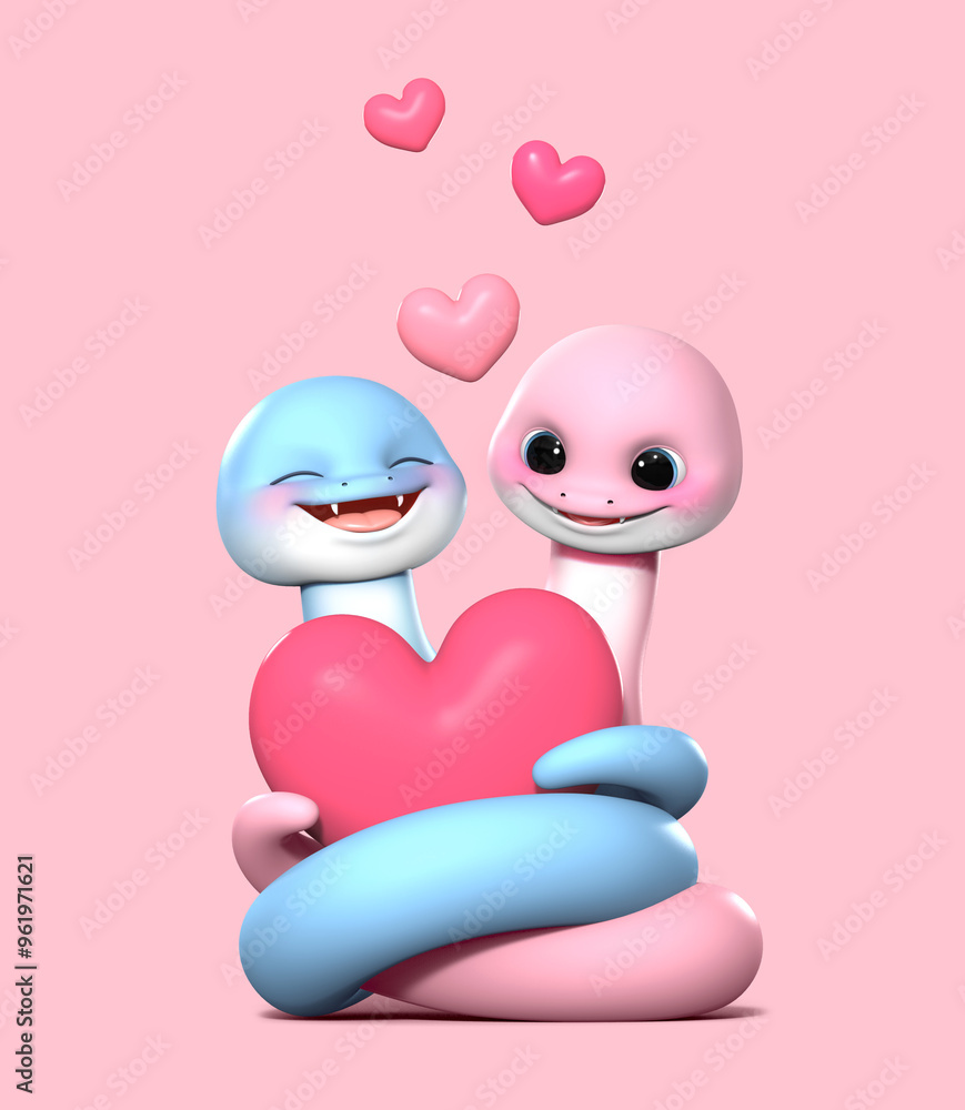 Fototapete 3d 렌더링 된 을사년 푸른뱀의 캐릭터 두마리가 부드러운 몸으로 서로를 감싸 안고 사랑을 표현하고 있습니다. 사랑스러운 표정을 짓고 있는 로맨틱한 분위기의 3d이미지 입니다.
