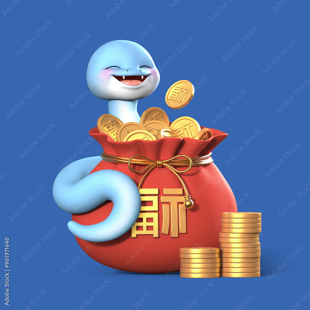 Poster 3d 렌더링 된 을사년 푸른뱀의 캐릭터가 금화로 가득 찬 복주머니를 감싸고 있습니다. 복과 행운을 가득 품어 행복하고 풍요로운 새해를 맞이하는 3d 이미지 입니다.