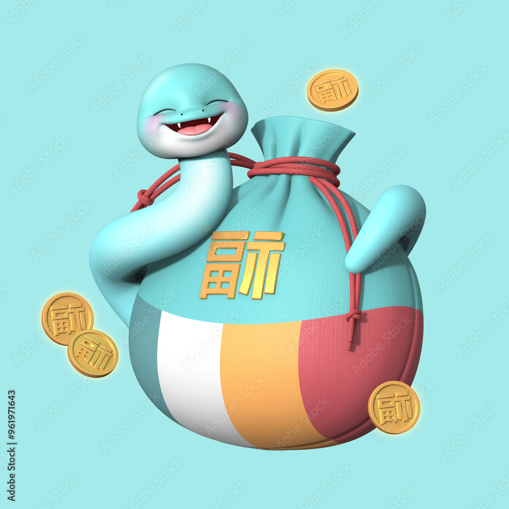 Poster 3d 렌더링 된 을사년 푸른뱀의 캐릭터가 복주머니를 둘러싸고 있습 니다. 2025년 을사년 새해의 복을 기원하는 상징적인 분위기를 연출 하는 3d 이미지 입니다.