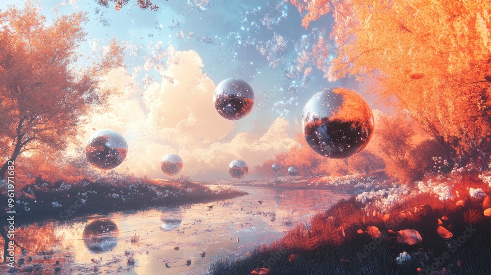 Poster surreal dreamscape with floating spheres.