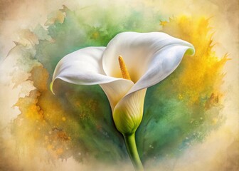 A delicate white calla lily blooms against a soft, colorful background, embodying purity and elegance in nature's beauty.