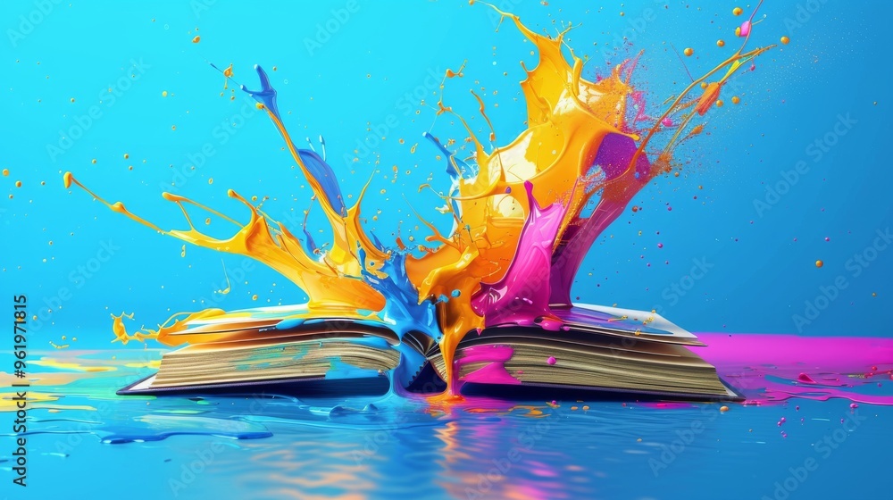 Poster an imaginative scene of an open book from which splashes of vivid paint burst forth, set against a b