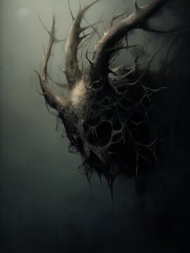 closeup poster creepy looking head stag wearing crown rootless god lost things necrosis covered black goo cast shadows antidisestablishmentarianism member endless growths