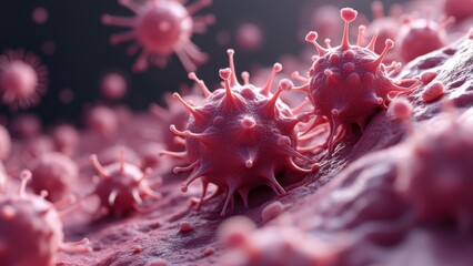 Highly detailed and complex cancer cell with intricate tendrils extending from the surface in a biological, microscopic close-up.