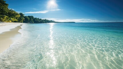 Sunlight reflecting off crystal clear ocean water, with white sand beaches stretching along the coast in a serene setting