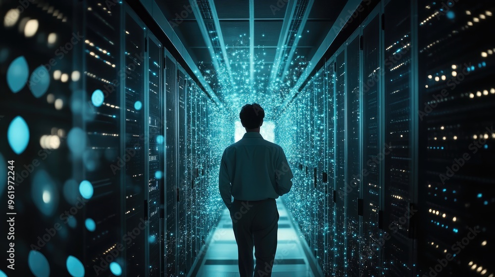Poster technician navigating a maze of data cables in a server room, surrounded by the glowing lights of a 