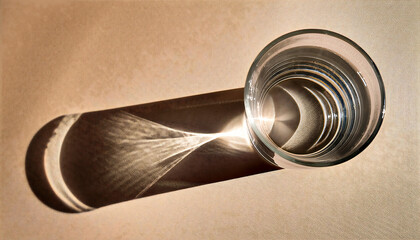 Fototapeta premium Minimalistic shot of a glass of water casting a shadow on a beige surface, emphasizing _1(694)