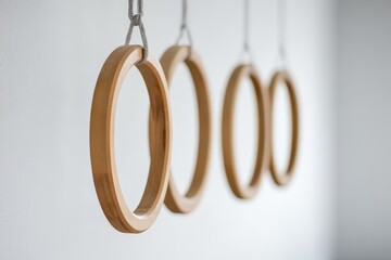 Wooden gymnastic rings in gym over white wall with copy space in health and fitness concept