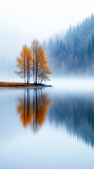 Fototapeta premium trees standing deep foggy sky amazing professional two color inspiring yellow blue mirroring silent echo turbulent lake radiate connection stunningly