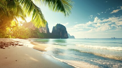 A serene beach scene with palm trees, gentle waves, and rocky cliffs under a bright sky, perfect...