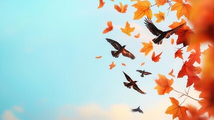 Autumn sky, filled with migrating birds, 3D illustration, copy space for text,