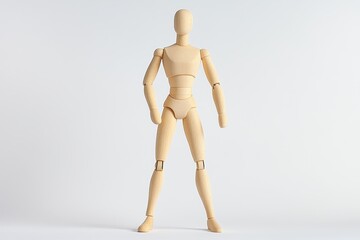 Wooden mannequins pose on white background