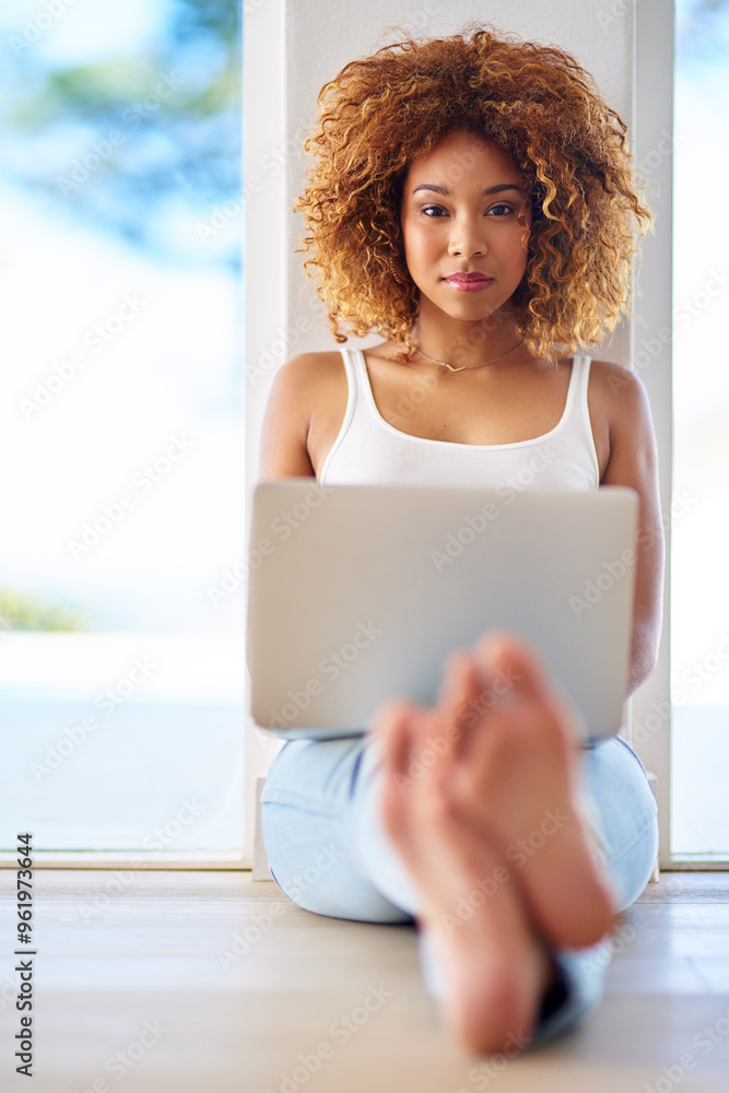 Poster Portrait, laptop and serious with woman in living room for social media, networking and trending post. Chatbot portal, online platform and website with person at home for technology and search engine