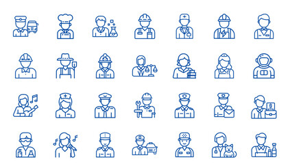 Icon Set of Professions in Blue, Minimalist Style, Various Occupations, Editable