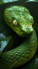 Fototapeta premium Green viper snake, animal closeup, green viper snake closeup head