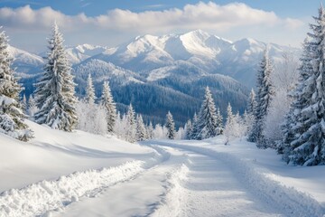 Snowy Mountain Path Winding Through Fir Trees