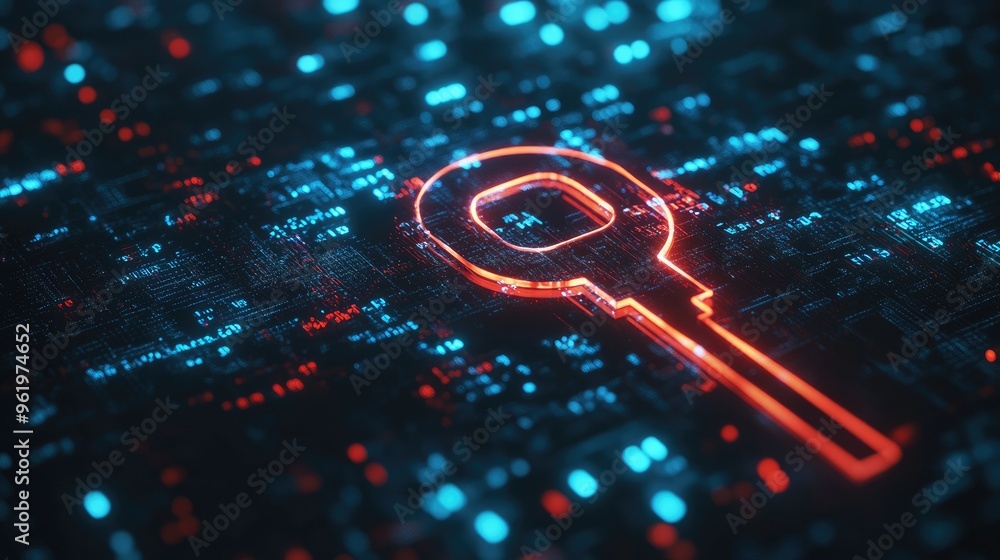 Poster a digital key symbol on a glowing screen, representing cybersecurity and encryption technology.