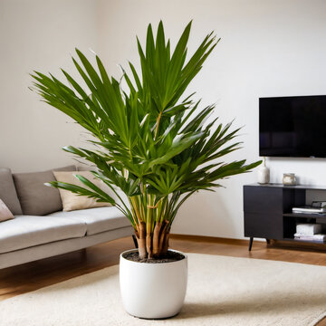 broad lady palm plant minimal modern pot living room with floral design indoor Rhapis excelsa in a stylish home interior