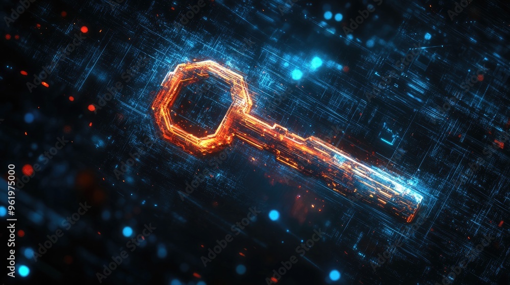 Poster a futuristic, glowing key floating in a virtual space, representing access to digital realms.