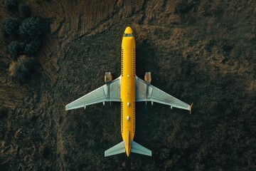 Yellow passenger plane in field transformed into tourist attraction viewed from above with drone