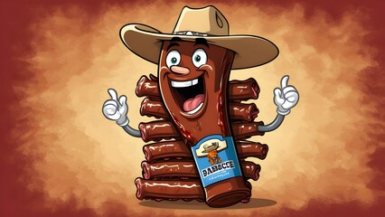 ribs a stack of ribs wearing a cowboy hat riding a bottle of barbecue sauce like a rodeo bull show.