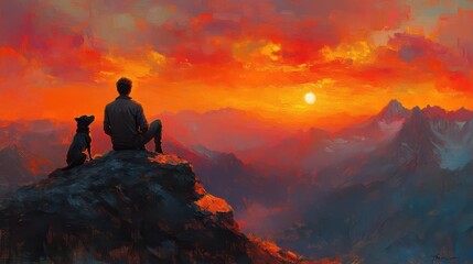 impressionistic painting of man and loyal dog sitting atop mountain peak panoramic vista warm sunset hues brushstroke texture