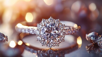 Fototapeta premium Radiant Sparkle - Elegant Ring with Central Gemstone and Diamonds Illuminated by Soft Light Effect