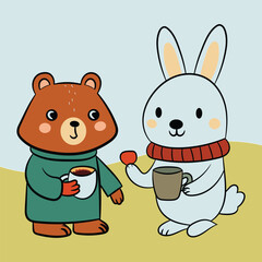 Vector Draw a bear and rabbit drinking hot tea in an autumn illustration
