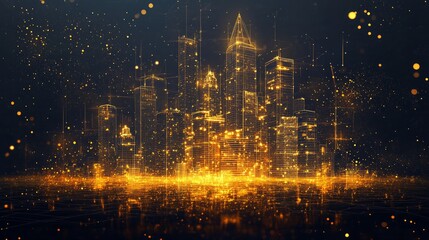 Fototapeta premium Low poly illustration of the metropolis with a golden dust effect. Sparkle stardust. Glittering vector with gold particles on dark background. Polygonal wireframe of city from dots and lines.