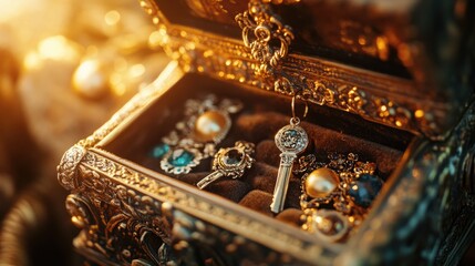 A key opening an ornate jewelry box filled with treasures and gems under warm ambient lighting.
