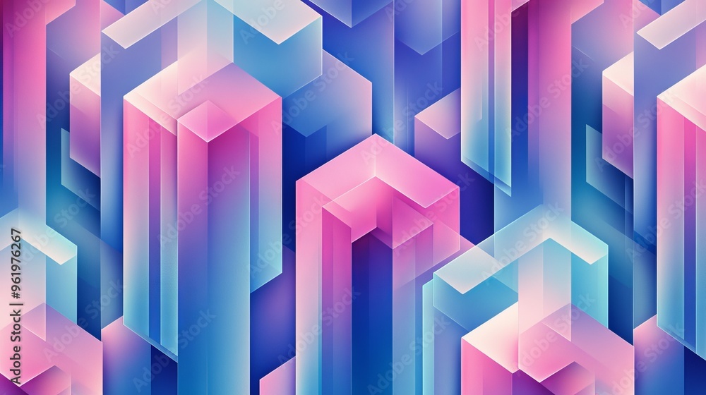 Poster vibrant geometric pattern in pink and blue hues, featuring three-dimensional shapes and layered stru