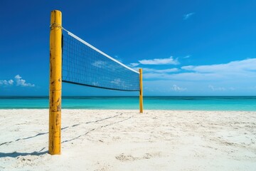 Yellow volleyball equipment on the shore