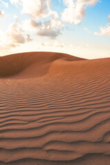 Sunset over the sand dunes in the desert. Arid landscape of desert