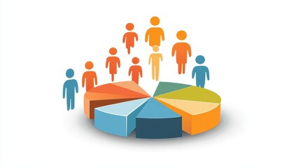 A pie chart divided into seven sections with people standing around it, representing demographics or market share.