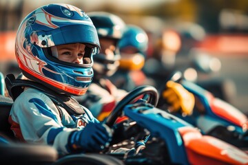 Young adults racing go karts at a track