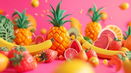 A colorful assortment of fruits, including pineapples, bananas, strawberries, and citrus slices, arranged against a bright pink background. The playful and vibrant scene exudes freshness and energy