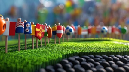 Obraz premium A row of miniature flags representing different countries stand on a patch of green grass. A soccer ball sits among the flags, symbolizing international unity.