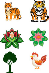 set of tiger.flowers,animals vector.Set of animals collection arranged in alphabetical order from A to Z, Perfect for design and education and kids content.Animals meet types ink illustrations set.