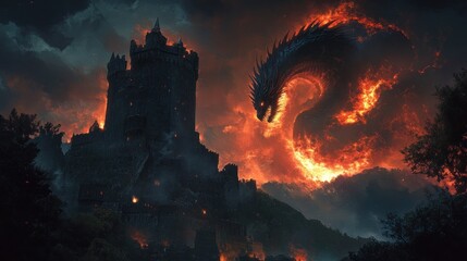 Fiery Dragon Threatening a Stone Castle