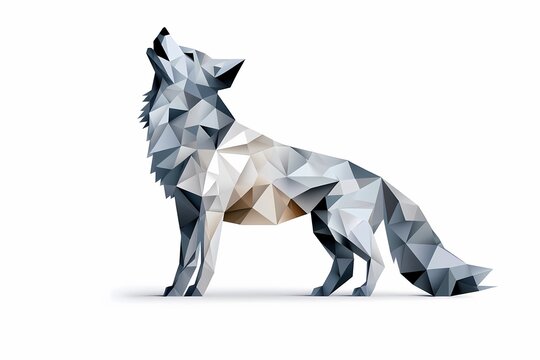 Geometric polygonal art of a howling wolf with shades of gray and white, isolated on a white background. Perfect for modern decor and design.