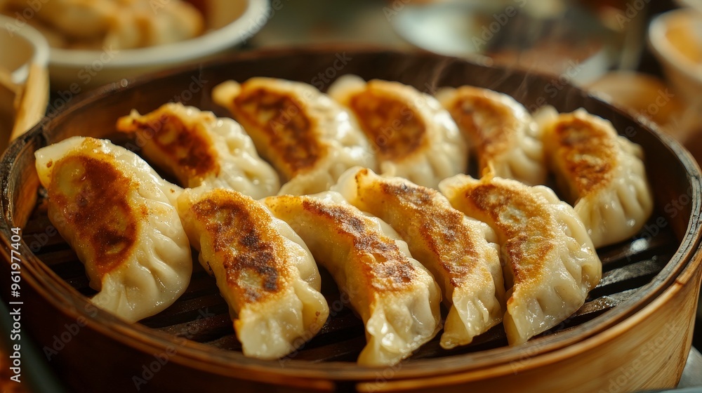 Poster appetizing fried dumplings with soft even lighting showcasing textures and details for a realistic l