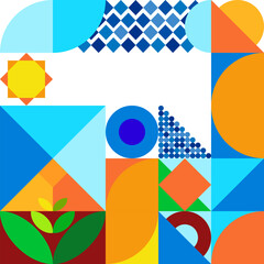 a colorful abstract geometric design. It shapes like circles, triangles, rectangles, and semicircles in vibrant hues of blue, orange, yellow, green, and red. The pattern appears playful and modern.