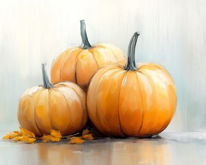 Obraz premium three pumpkins sitting table leaves trends juicy brush strokes color yellow cans sculls four large pastel