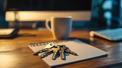 A set of office keys on a desk, with a notepad, coffee cup, and computer in the background.
