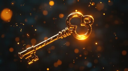 A shiny golden key suspended in mid-air, glowing softly against a dark, enigmatic background.
