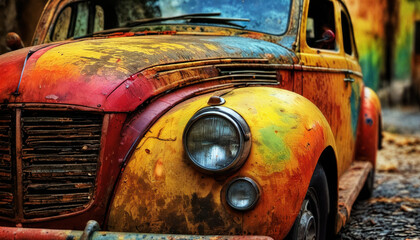 Fototapeta premium An old rusty retro car with a painted hood and grille is parked on the side of the road near a fall forest.
