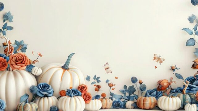 a three-dimensional illustration depicting a large white pumpkin and many small pumpkins next to it with blue and orange flowers and blue blooming roses painted on it in the background on a white back