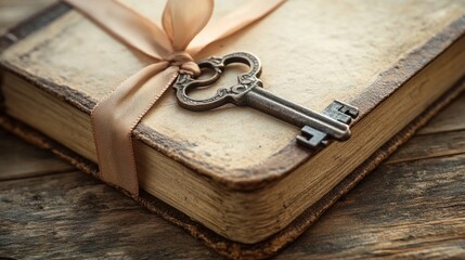 A vintage key hanging from a ribbon tied around a diary, symbolizing personal thoughts and privacy.